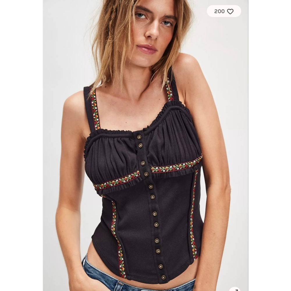 Free People Wilder Knit Top Size M NWT Boho Whimsigoth Black Embroidered Trim
